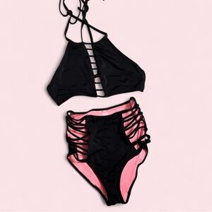 PINK Victoria's Secret Black and Pink Strappy Bikini